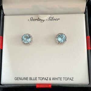 NEW! Macy's Sterling Silver Earrings with Blue Topaz solitaire/White Topaz halo.